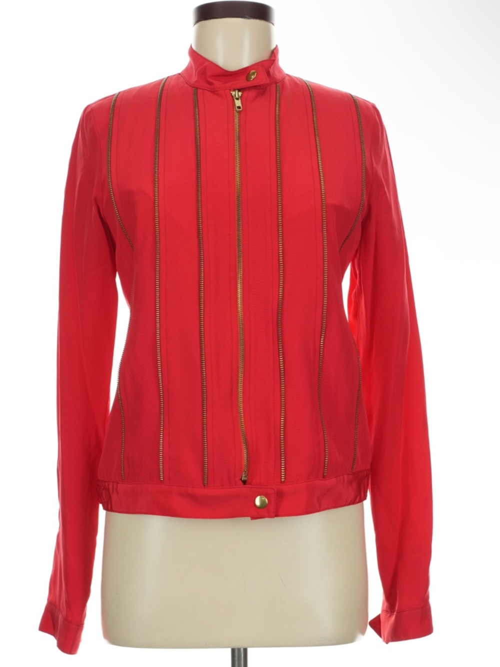 One Five Red Silk Moto Jacket Size M gold-toned Zip-Front Women's Jacket